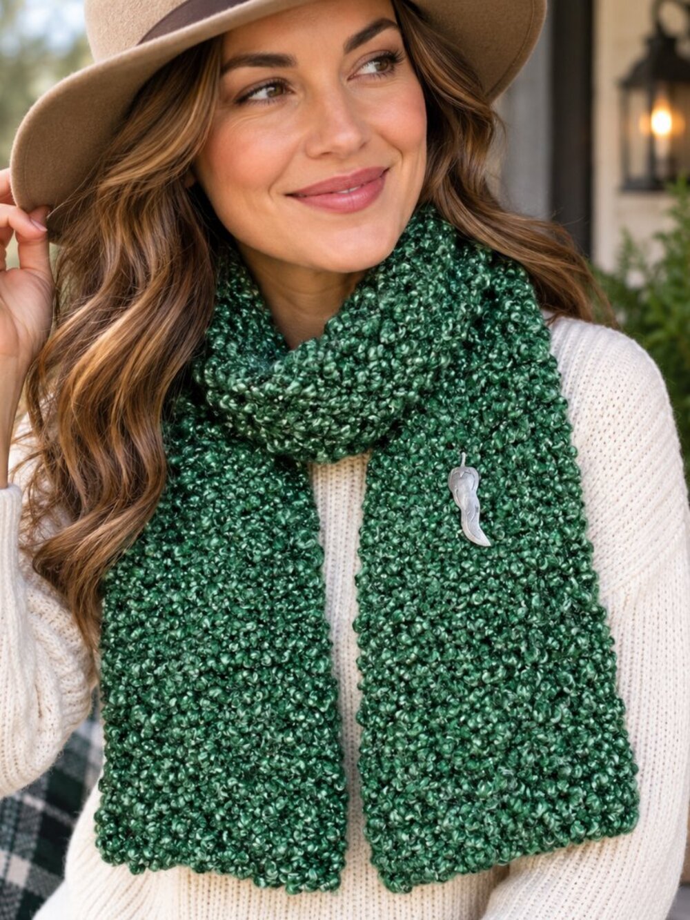 Handmade Forest Green Textured Scarf w/ Jalapeño Pepper Pin